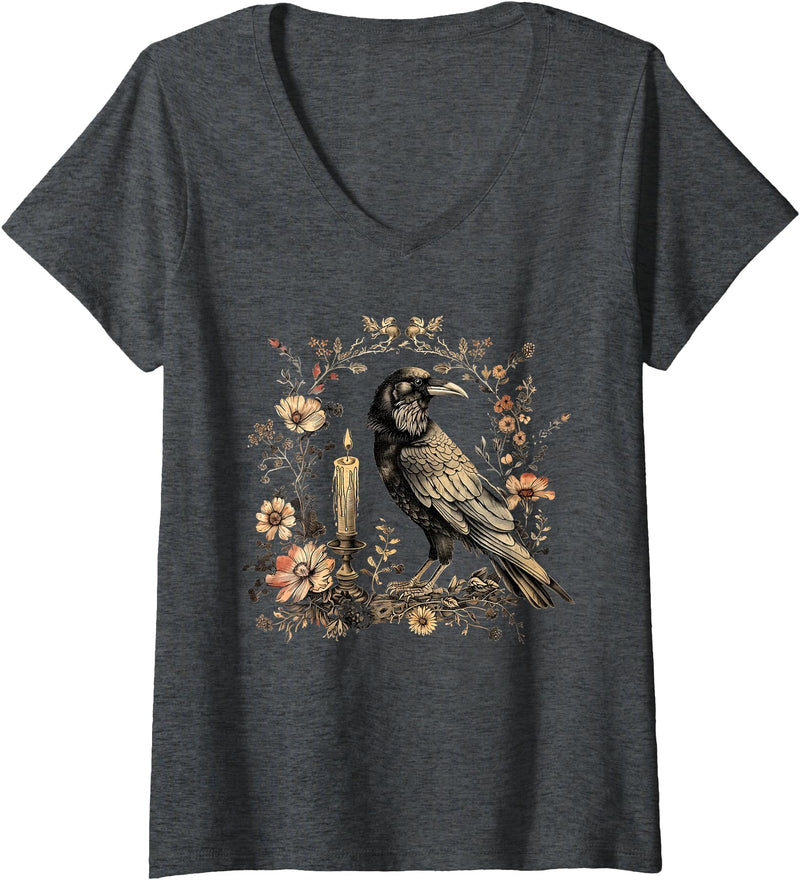 Witchy Vibes Womens Raven V-Neck T-Shirt - Dark Heather Grey