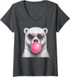 Retro Bubblegum Polar Bear Lover Women's Polar Bear Pink Heart Sunglasses Funny Bubble Gum V-Neck T-Shirt - Dark Heather Grey