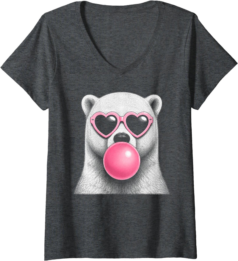 Retro Bubblegum Polar Bear Lover Women's Polar Bear Pink Heart Sunglasses Funny Bubble Gum V-Neck T-Shirt - Dark Heather Grey