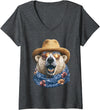 Whimsical Coastal Animals Beachgoers Women's Cute Polar Bear with Sunglasses and Straw Hat Animal Summer V-Neck T-Shirt - Dark Heather Grey