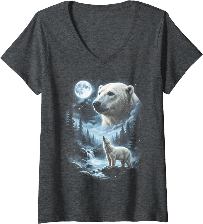 Vintage 90s Moon Polar Bear Lover Women's Polar Bear Howling at Moon 90's Retro V-Neck T-Shirt - Dark Heather Grey