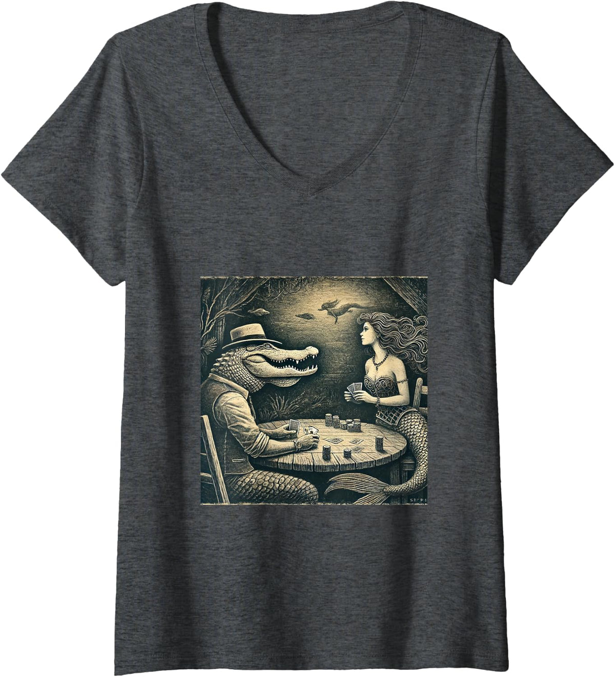 Women's Alligator and Mermaid Playing Poker Sketch V-Neck T-Shirt - Dark Heather Grey