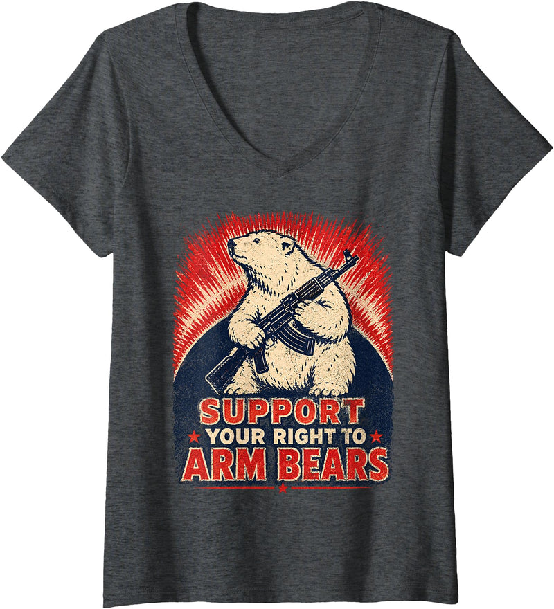 Funny Arm Bears Polar 2A Gun Rights Humor Women's Right to Arm Bears Polar Bear Gun Rights Pun Humor V-Neck T-Shirt - Dark Heather Grey