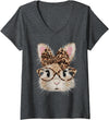 Women's Cute Bunny Rabbit Face Leopard Coquette Bow V-Neck T-Shirt in Dark Heather Grey