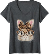 Women's Cute Bunny Rabbit Face Leopard Coquette Bow V-Neck T-Shirt in Dark Heather Grey