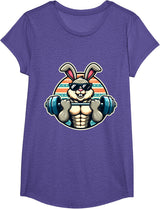 Happy Easter Bunny Rabbit Lifting Weights Training Muscular T-Shirt - Girls Purple Heather