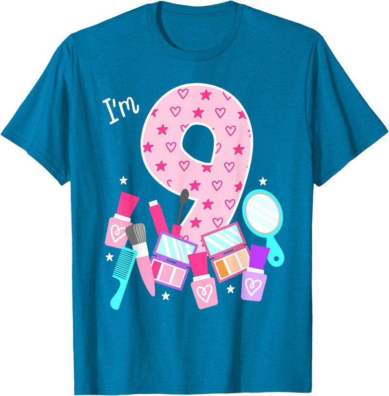 Birthday Girl Spa Squad Outfit Gifts Shop Spa Birthday Party I'm 9 Girls Makeup 9th Bday Kids Toddlers T-Shirt - Sapphire