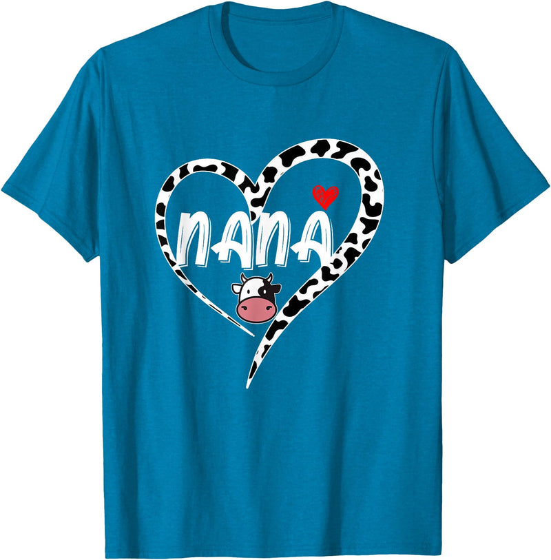 Black White Family Cow Farm Nana Cow Print Cow Heart Pattern Farmer Cows Mother's Day T-Shirt - Sapphire Blue