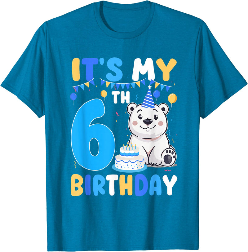 6th Birthday Polar Bear Lover Gift It's My 6th Birthday Polar Bear Themed Party 6 Year Old T-Shirt - Sapphire Blue