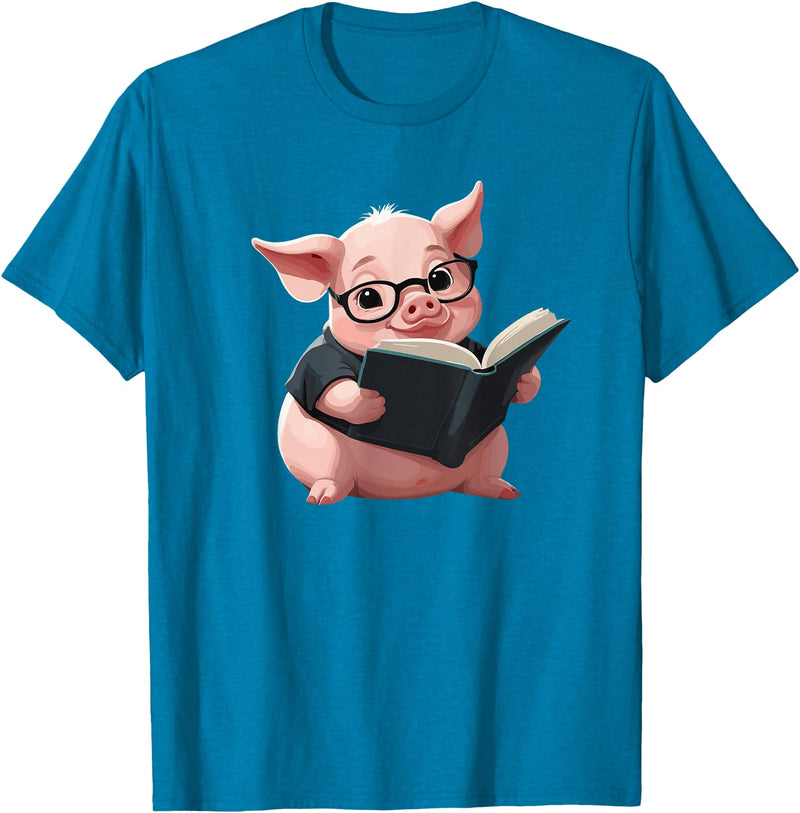 Book Lovers Pig reading Books Cute Pig is reading a Book, Reading Pig T-Shirt - Sapphire Blue