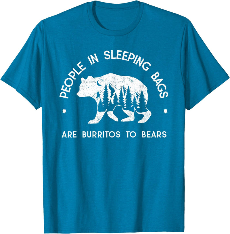 IN NATURE DESIGN CO. PEOPLE IN SLEEPING BAGS ARE BURRITOS TO BEARS T-Shirt - Sapphire Blue