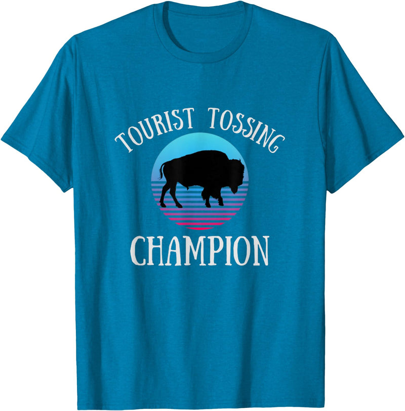 Fluffy Cows Tourist Tossing National Park Apparel Funny Bison Tourist Tossing Champion National Park T-Shirt - Sapphire Blue
