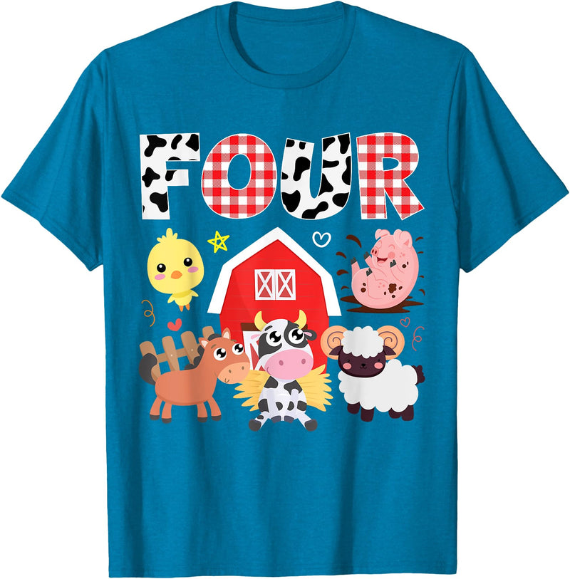Farm Animals Cow Themed Birthday Party Family Tees 4th Birthday Four Year Old Farm Theme Animals Birthday Party T-Shirt -