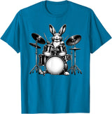 Cute Rabbit Bunny Playing Drums Rabbits Drummer Music T-Shirt in Sapphire Blue