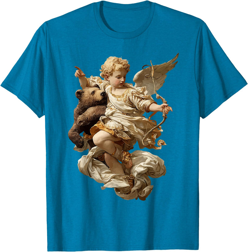 Vintage Angel Aesthetic Classical Art Cute Cherub Angel with Bear Baroque Renaissance Aesthetic T-Shirt - Sapphire Blue