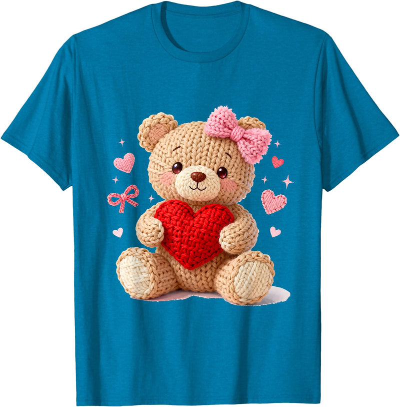 Cute Crochet Valentine Love Art Studio Be My Valentine Cute Crochet Yarn Teddy Bear Love T-Shirt - Sapphire Blue