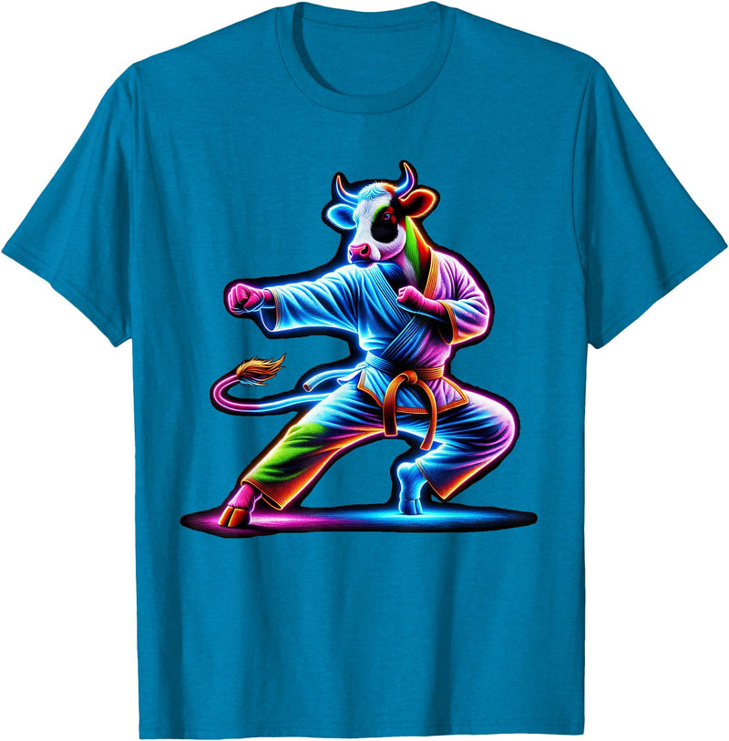 Cow Karate Black Belt Apparel Cow Karate Kick Punch Cute Funny Cool Martial Arts Cow T-Shirt - Sapphire Blue