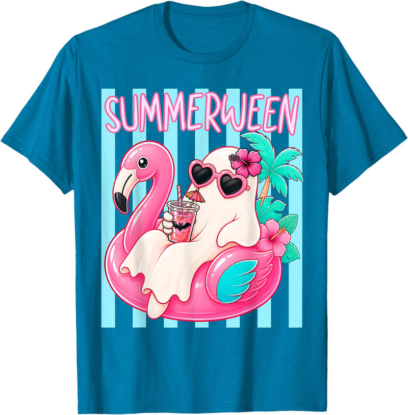 Funny Summerween Ghost Summer Halloween Vacation Summerween Funny Ghost Halloween Summer Floating in Flamingo T-Shirt -