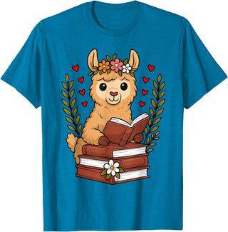 Bookworm Cute Llama Reading Book Llama Reading Book Graphic Llama with Book Floral T-Shirt - Sapphire Blue