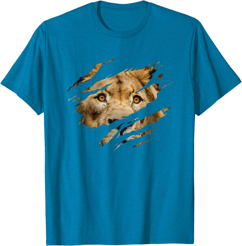 Lion Graphic - Wild Animal Lover Design Lion Outfit - Torn Design Picture Of A Lion's Face T-Shirt - Sapphire Blue