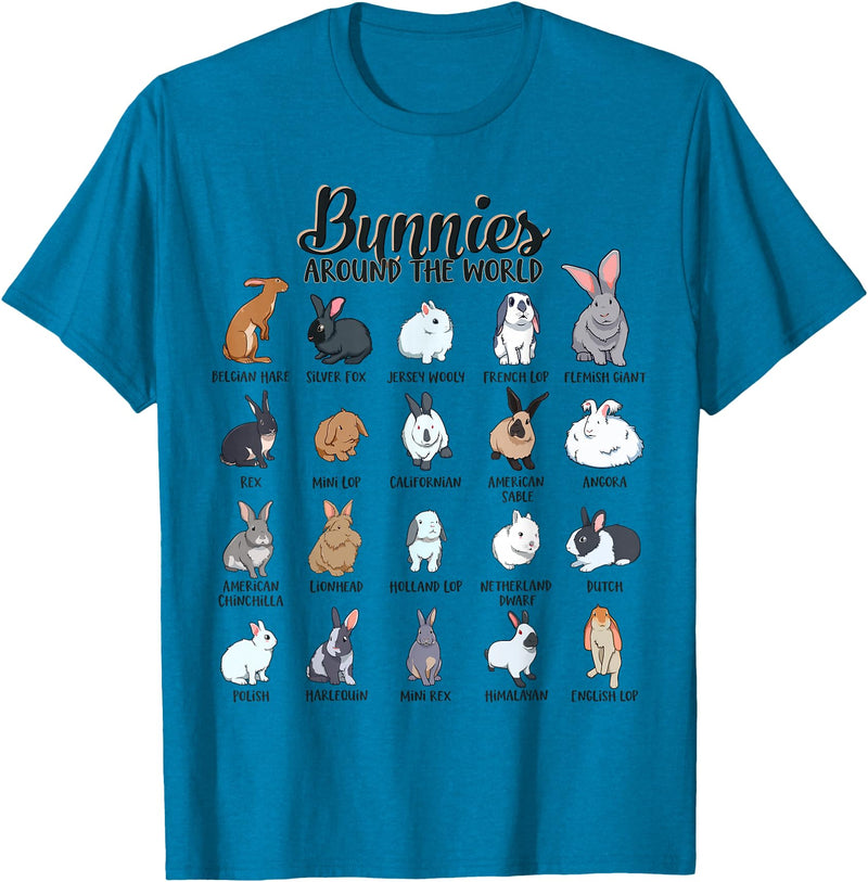 Rabbits in the World - Rabbit Breeds T-Shirt in Sapphire Blue