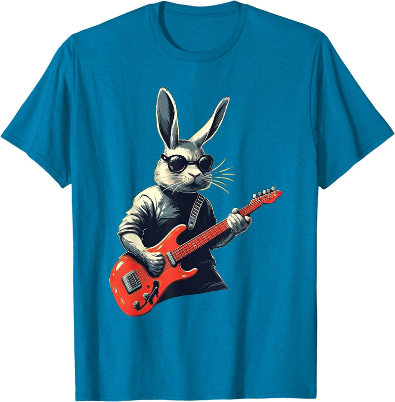 Rabbit Bunny Wearing Sunglasses Playing Guitar Musician T-Shirt in Sapphire Blue