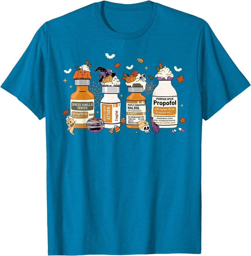 Pumpkin Spice Propofol Halloween Nurse Pumpkin Spice Propofol Ativan Versed Haldol Halloween Nurse T-Shirt - Sapphire Blue