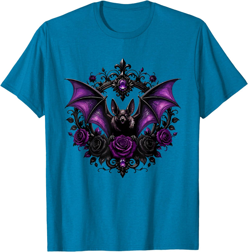 Gothic Purple Bat Roses Dark Aesthetic Halloween Vampire Bat with Purple Roses Gothic Halloween T-Shirt - Sapphire Blue