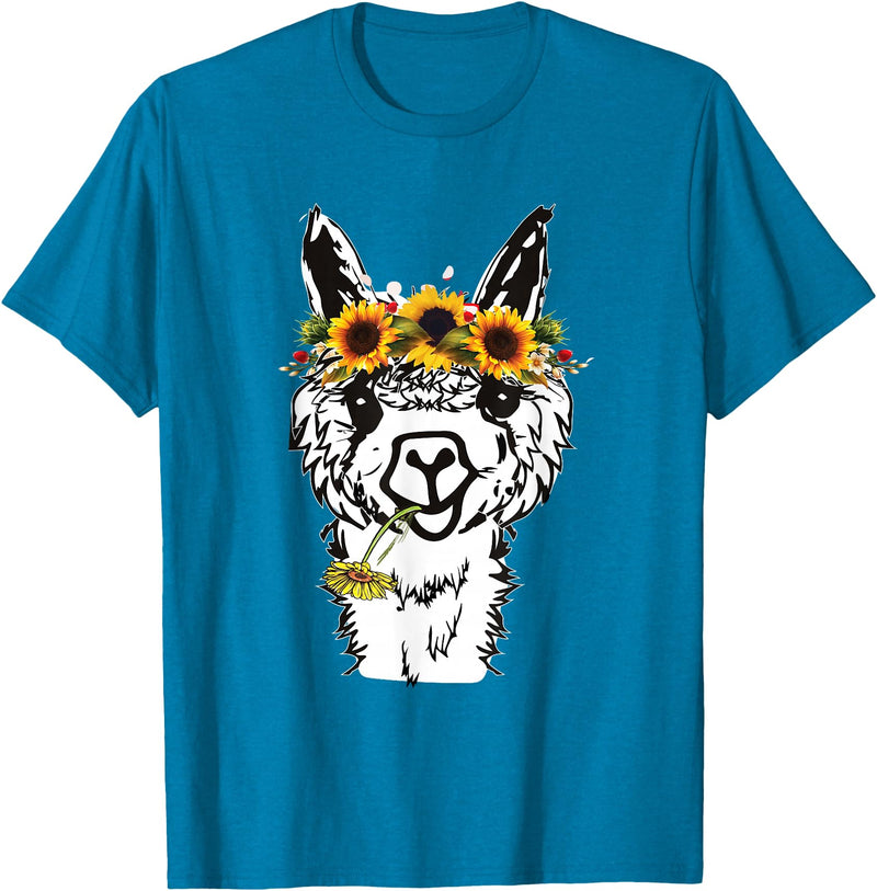 Funny Llama Alpaca Animal Lover Women's Floral Llama Alpaca Funny Graphics T-Shirt - Sapphire Blue