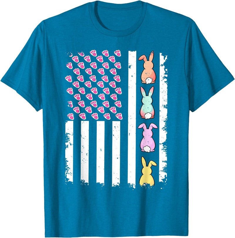 US American Flag with Bunny for Easter Day Men Women Kids T-Shirt in Sapphire Blue