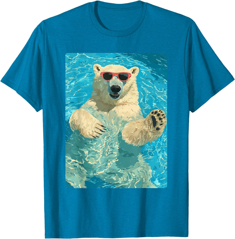 Pool Party Summer Animals Designs Funny Polar Bear with Sunglasses Summer Animal Swimming T-Shirt - Sapphire Blue