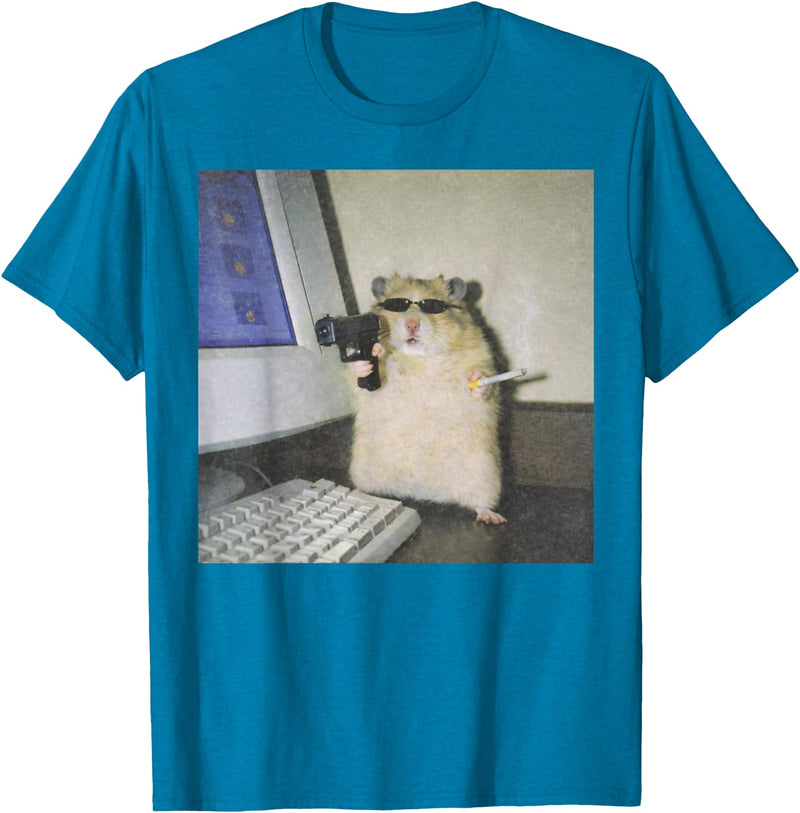 Cyber Hamster Meme Cringe Funny Animal Vintage Graphic Tee T-Shirt - Sapphire Blue