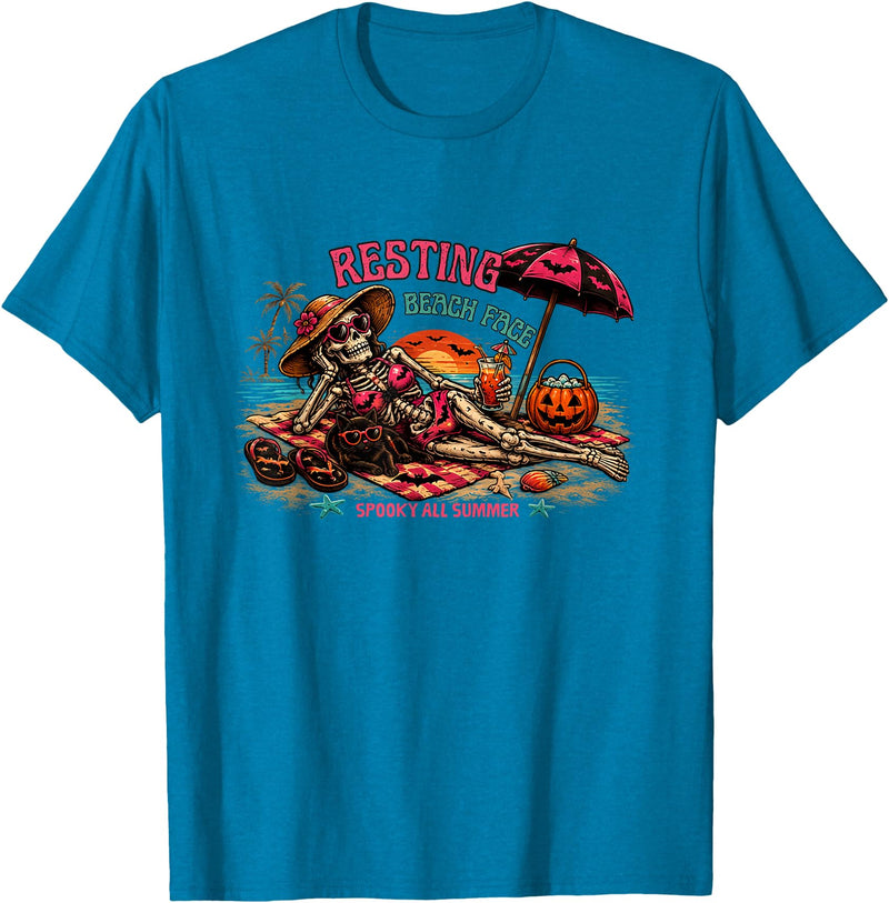 Spooky Summer Vibes retro summerween halloween Funny Skeleton Beach Halloween Resting Beach Face summerween T-Shirt -