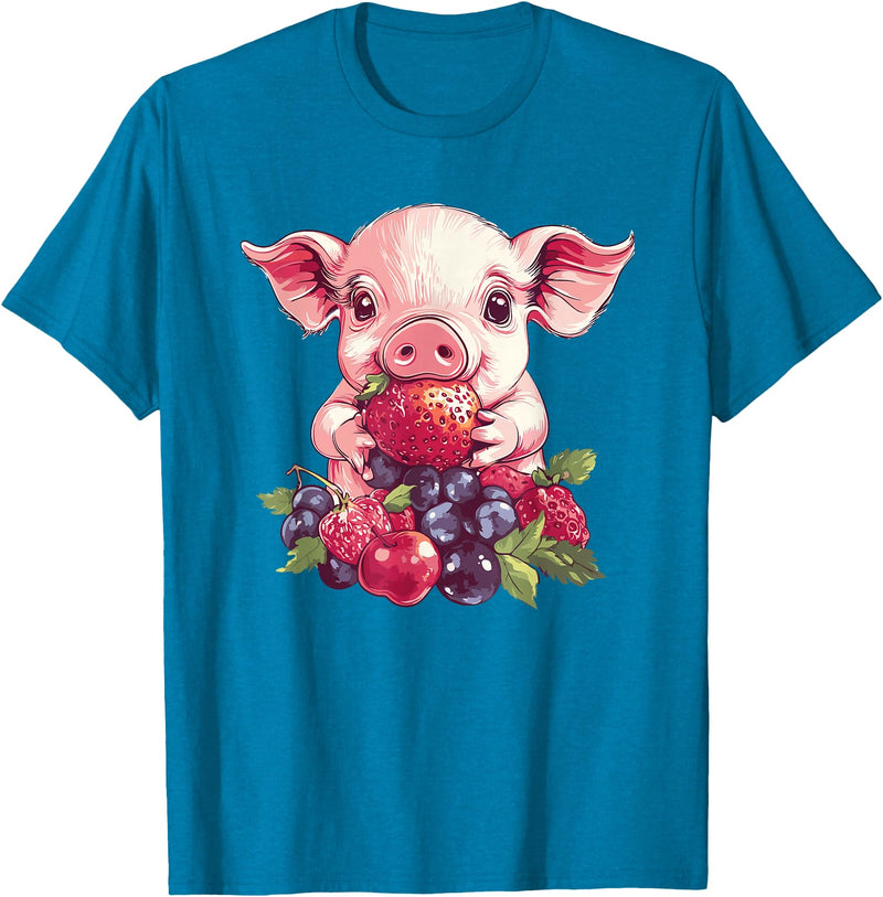 Cute Pig Eating Strawberries And Berries Fun Adorable Pig With Strawberries And Berries T-Shirt - Sapphire Blue