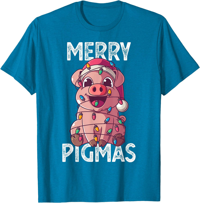 The Weird Shop Merry Pigmas Pig Christmas Santa Pig Xmas Lights Farmer Gift T-Shirt - Sapphire Blue