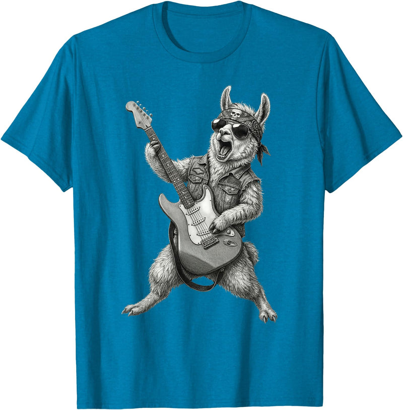 Rock Guitar Llama Stuff Accessories & Gifts Llama Playing Guitar Rock & Roll Llamas Alpaca Rocker Music T-Shirt - Sapphire Blue