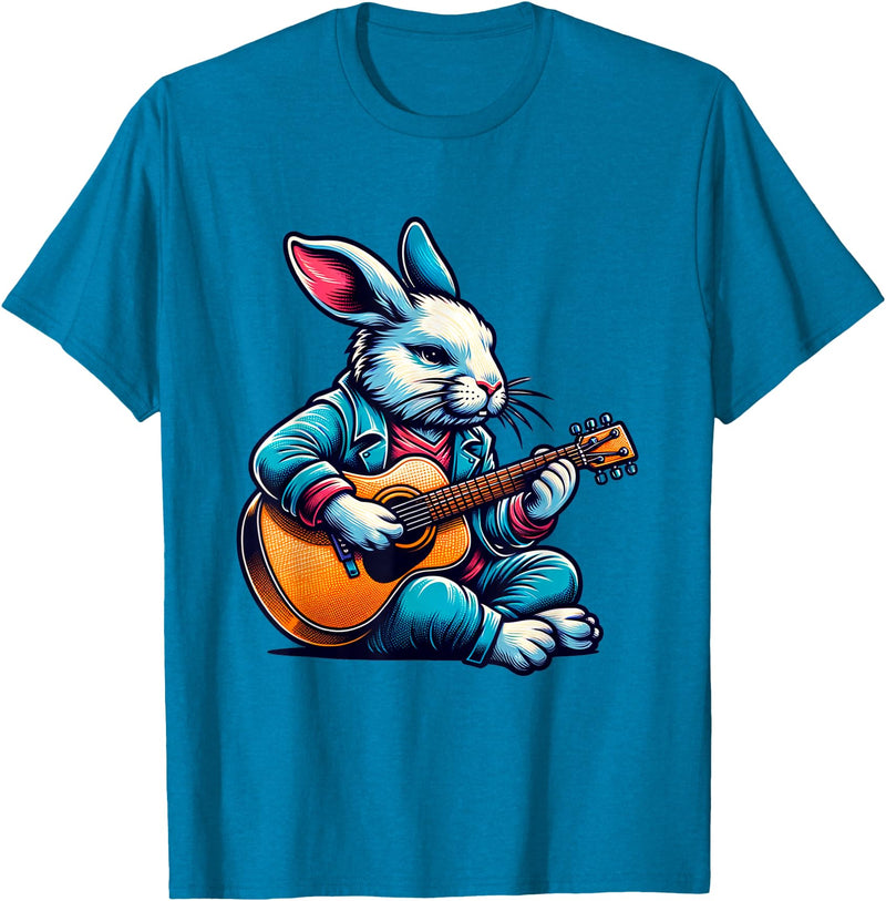 Cool Rabbit Plays Guitar Easter Musician Guitarist T-Shirt in Sapphire Blue