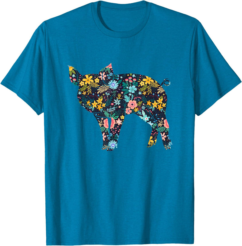 Animal Hog Floral Silhouette Pig Lover Floral Piglet Silhouette Womens Girls Graphic Pig T-Shirt - Sapphire Blue
