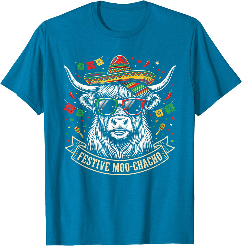 Cinco De Mayo Fiesta Moo Tees Vintage Highland Cow Cinco De Mayo Funny Retro Fiesta Design T-Shirt - Sapphire Blue