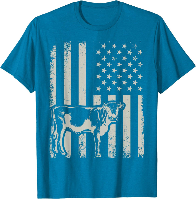 American Bull Riding Cowboy 4th of July USA Flag Proud Patriotic Cattle Bull Cow Farmer Lover American Flag T-Shirt -