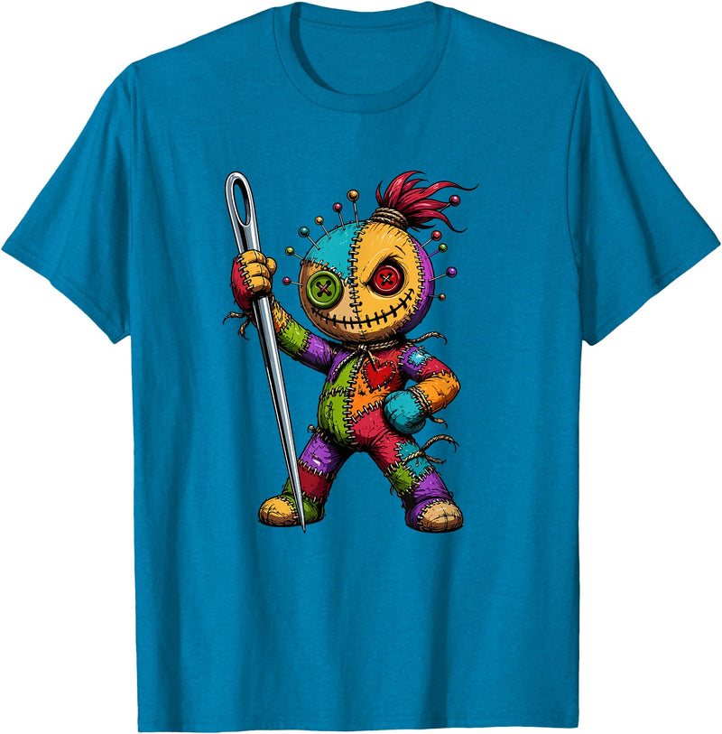 Colorful Voodoo Doll Patchwork Horror Halloween Creepy Rainbow Voodoo Doll with Needle Halloween T-Shirt - Sapphire Blue