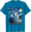 Llama Designs. Llama Alpaka Van Gogh Style Starry Night Funny Graphic T-Shirt - Sapphire Blue