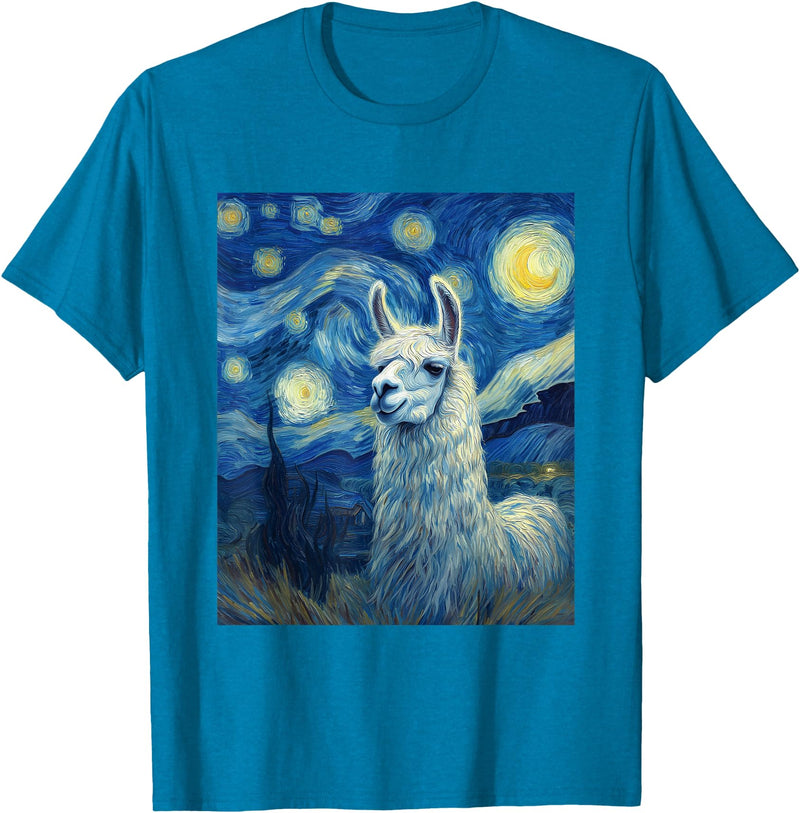 Llama Designs. Llama Alpaka Van Gogh Style Starry Night Funny Graphic T-Shirt - Sapphire Blue