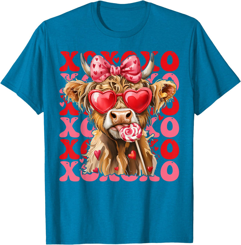 Valentine XOXO Highland Cow Fng Valentine XOXO Highland Cow Cute Coquette Bow Western T-Shirt - Sapphire Blue
