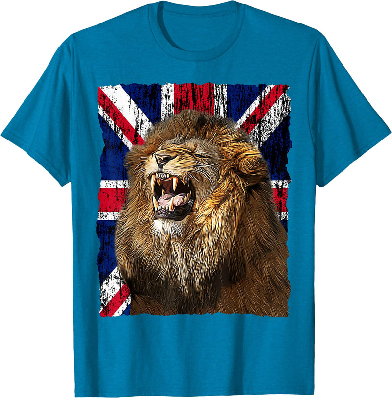 Patriotic Puppies Patriotic Roaring Lion UK Flag Distressed United Kingdom T-Shirt - Sapphire Blue