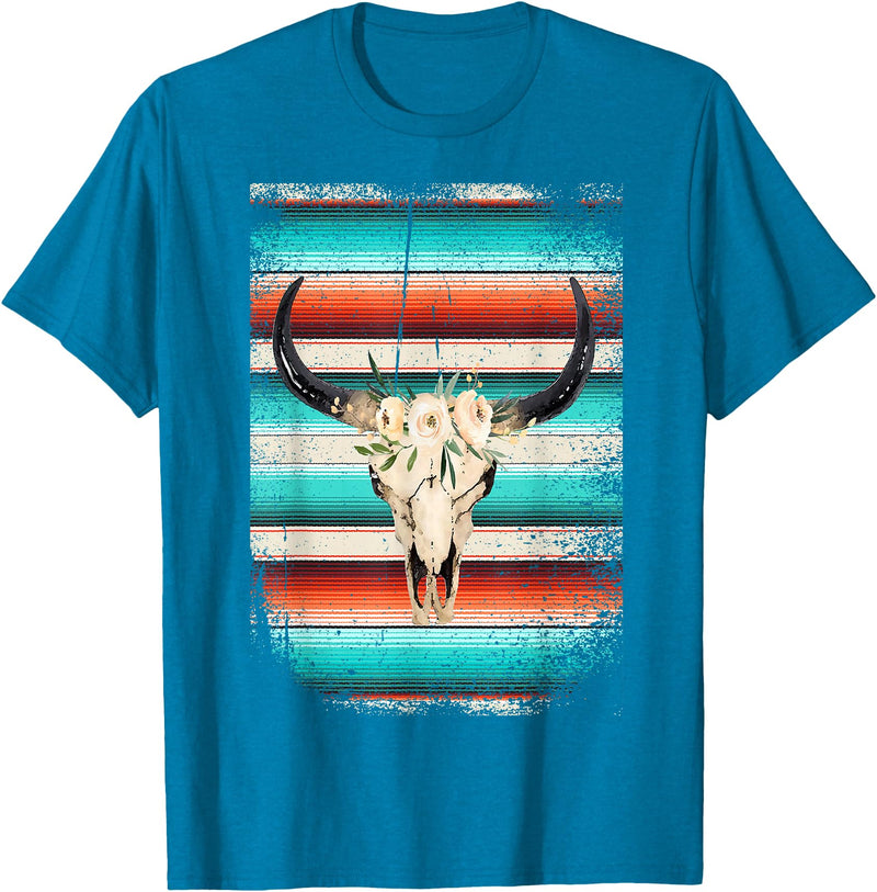 Funny Serape Cow BOHO designs Funny Serape Cow BOHO print Flower Rustic Turquoise T-Shirt - Sapphire Blue