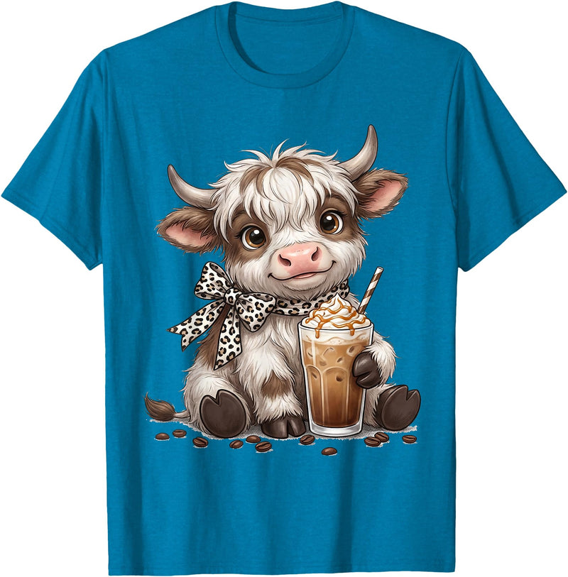 Funny Highlander Cow Drinking Coffee Lover Designs Highland Cow Drinking Iced Coffee Lover Funny Animal Meme T-Shirt -