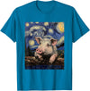 Cute Pigs Designs. Cute Pig Funny Van Gogh Style Starry Night Graphic T-Shirt - Sapphire Blue