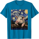 Cute Pigs Designs. Cute Pig Funny Van Gogh Style Starry Night Graphic T-Shirt - Sapphire Blue