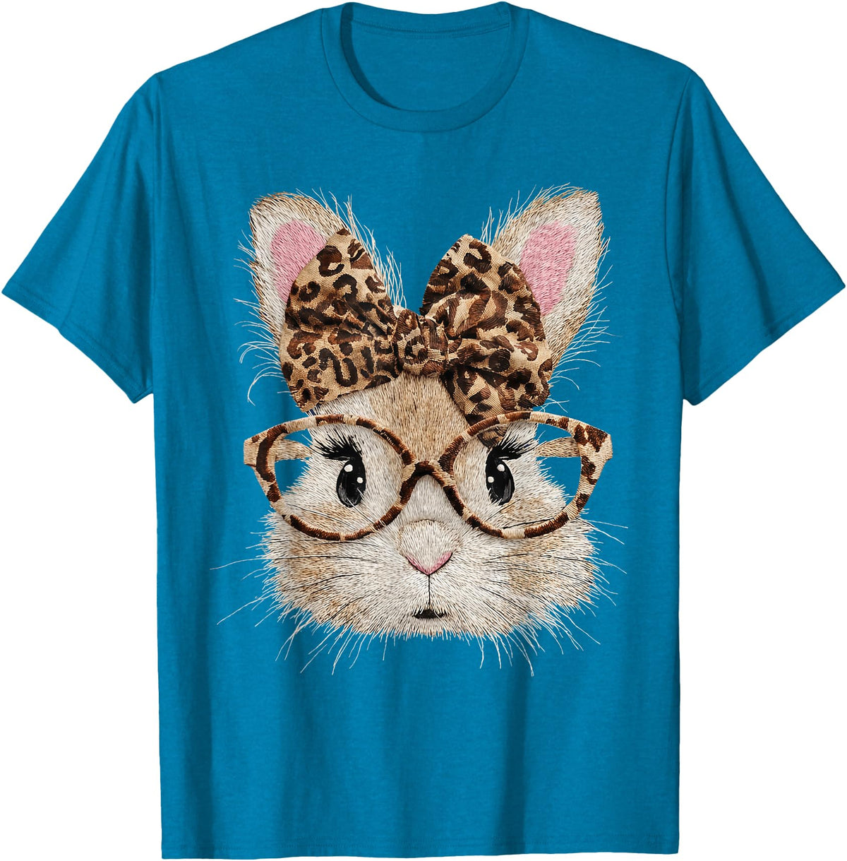 Cute Bunny Rabbit Face Leopard Coquette Bow Glasses Easter T-Shirt in Sapphire Blue